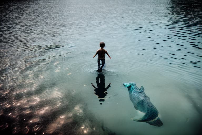  Boy walking on water next to mermaid