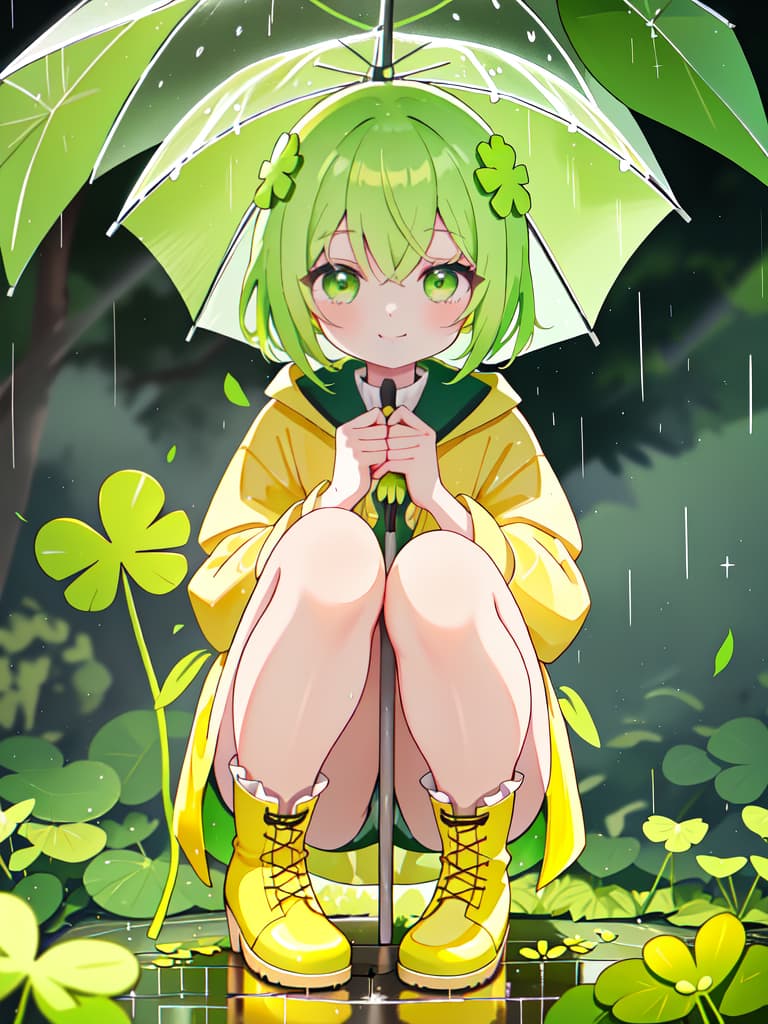  Staring at the four leaf clover with an umbrella in the rain, a yellow raincoat and a yellow green haired girl with boots, crouching and staring at the four leaf clover on the ground and staring with a smile., masterpiece, best quality,8k,ultra detailed,high resolution,an extremely delicate and beautiful,hyper detail