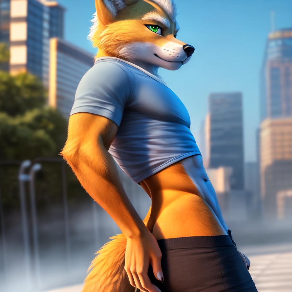  ultra high quality, romantic, anthro, furry, Fox McCloud at the park, male, solo, plain shirt, shorts, midriff, navel, green eyes, sexy pose, seductive look, side view, cute butt hyperrealistic, full body, detailed clothing, highly detailed, cinematic lighting, stunningly beautiful, intricate, sharp focus, f/1. 8, 85mm, (centered image composition), (professionally color graded), ((bright soft diffused light)), volumetric fog, trending on instagram, trending on tumblr, HDR 4K, 8K