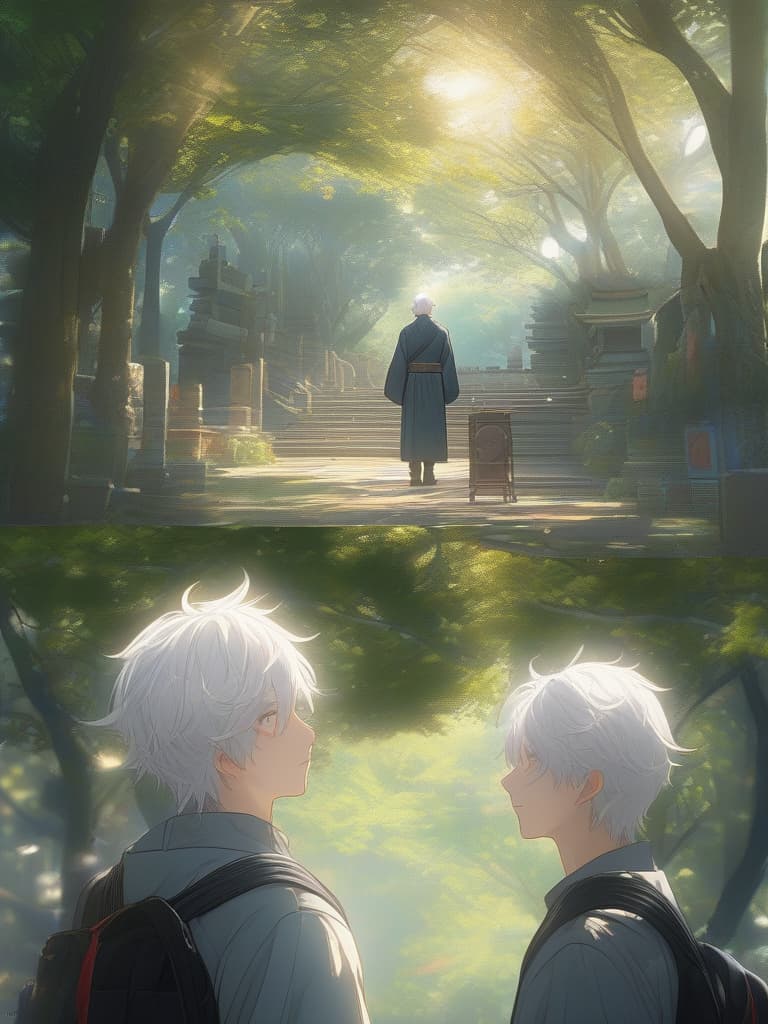  masterpiece,Solo male,beautiful white hair color,red eyes color,hansamu,学生服,sunlight filtering through trees,high quality,8K, masterpiece, best quality,8k,ultra detailed,high resolution,an extremely delicate and beautiful,hyper detail