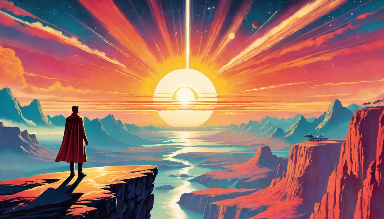  retro futuristic Person standing on a cliff overlooking a dawn breaking over the planet, hands outstretched towards the rising sun, embodying readiness and transformation. Dawn of a new age, anticipation, alignment with cosmic shifts. lvintage sci fi, 50s and 60s style, atomic age, vibrant, highly detailed