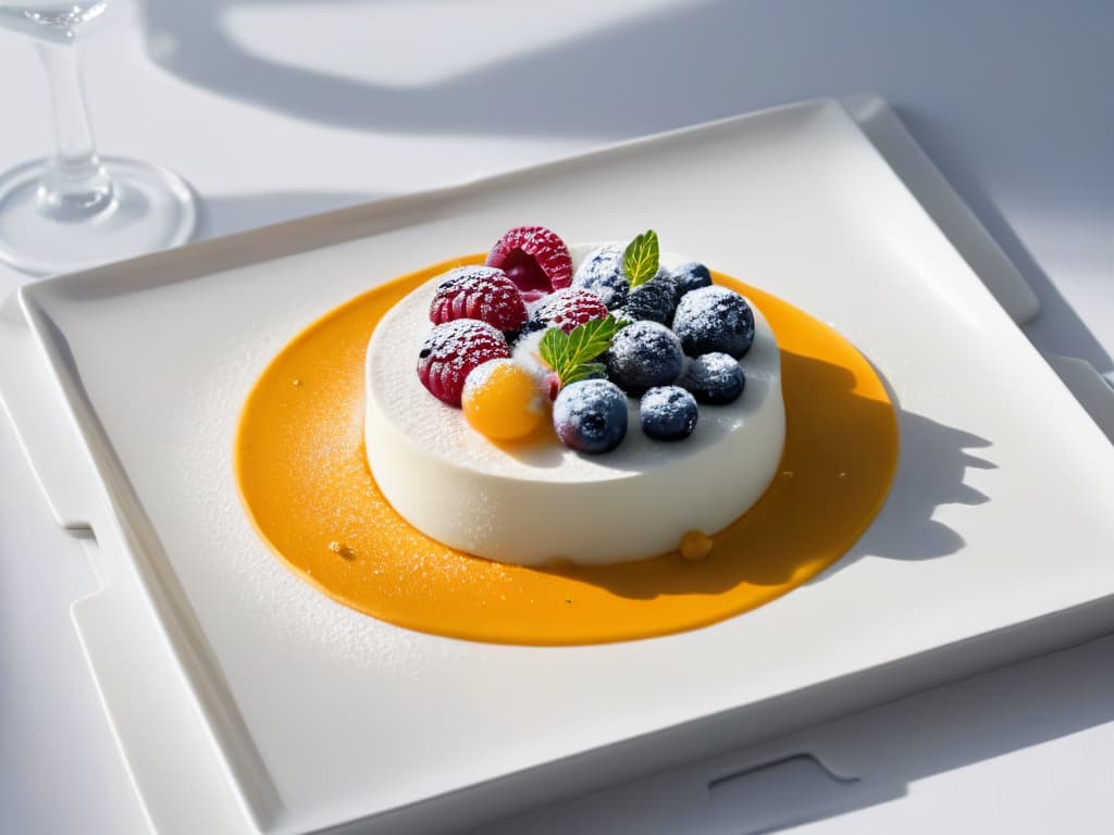  A minimalist image featuring a closeup shot of a colorchanging molecular dessert on a sleek, modern plate. The dessert should exhibit vibrant hues transitioning seamlessly, creating a visually striking and scientifically intriguing aesthetic that captivates the audience's attention. The focus is on the intricate details of the dessert, highlighting the transformative nature of molecular gastronomy in a visually appealing and sophisticated manner. hyperrealistic, full body, detailed clothing, highly detailed, cinematic lighting, stunningly beautiful, intricate, sharp focus, f/1. 8, 85mm, (centered image composition), (professionally color graded), ((bright soft diffused light)), volumetric fog, trending on instagram, trending on tumblr, HDR 4K, 8K