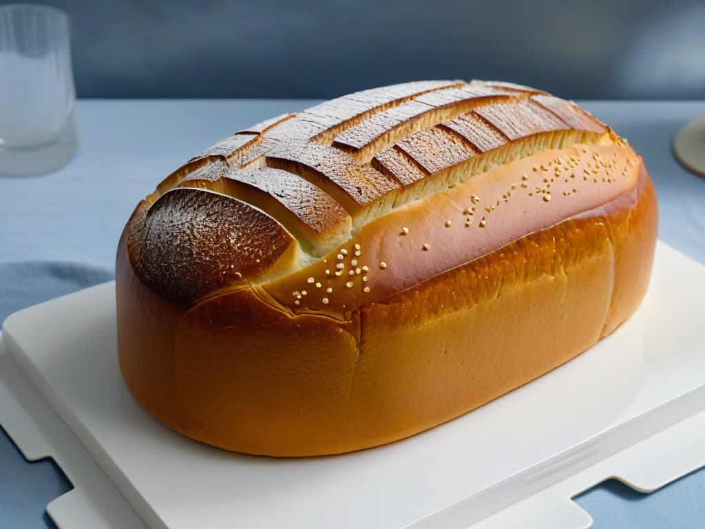  A closeup, ultradetailed image of a perfectly goldenbrown loaf of bread with intricate molecular structures subtly etched onto its crust, resting on a sleek, modernist white plate against a softfocus background of a sophisticated laboratory setting. hyperrealistic, full body, detailed clothing, highly detailed, cinematic lighting, stunningly beautiful, intricate, sharp focus, f/1. 8, 85mm, (centered image composition), (professionally color graded), ((bright soft diffused light)), volumetric fog, trending on instagram, trending on tumblr, HDR 4K, 8K