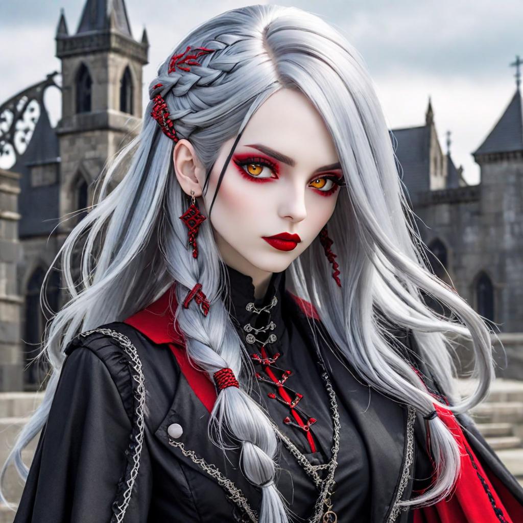  silver haired gothic girl, asymmetrical long hair with braid on right side and flowing locks on the left, red lipstick, red eyeshadow, long red eyelashes, gothic rock attire, golden eyes