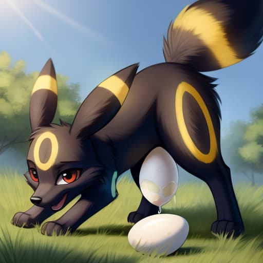  Umbreon, feral fox, egg in ass, anal oviposition, view from behind,, open eyes, digital art, masterpiece, 4k, fine details,