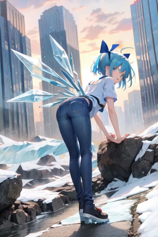  Cirno, from behind, jeans, bent over, ice wings, skinny