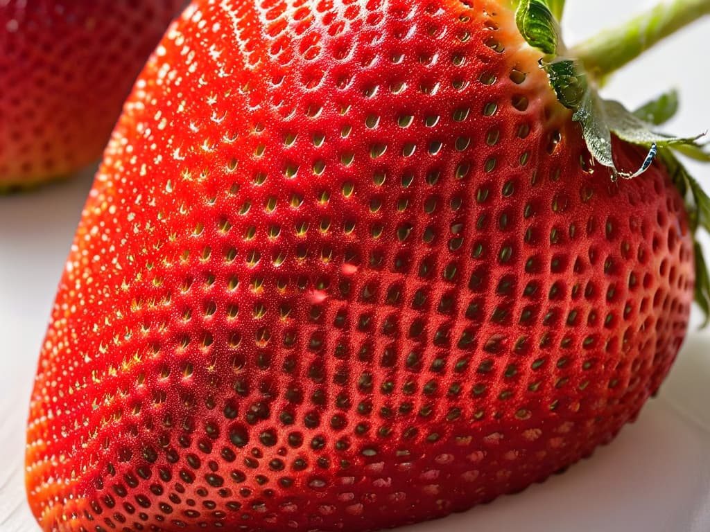  A closeup, ultrahigh resolution image of a perfectly ripe, vibrant red strawberry sliced in half, showcasing its intricate seeds and glistening droplets of juice, set against a stark white background to emphasize its natural beauty and freshness. hyperrealistic, full body, detailed clothing, highly detailed, cinematic lighting, stunningly beautiful, intricate, sharp focus, f/1. 8, 85mm, (centered image composition), (professionally color graded), ((bright soft diffused light)), volumetric fog, trending on instagram, trending on tumblr, HDR 4K, 8K