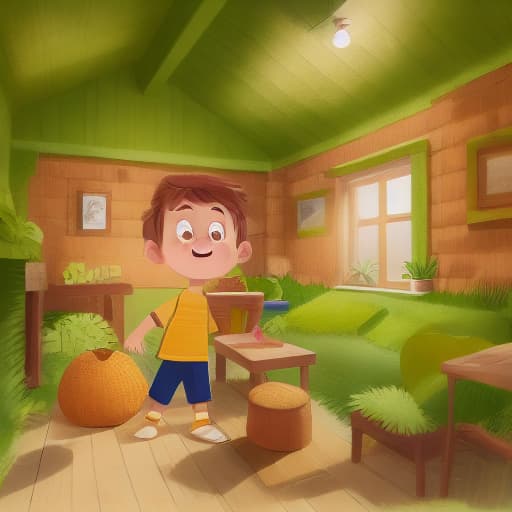  a boy with yellow hat and brown shirt, green pants