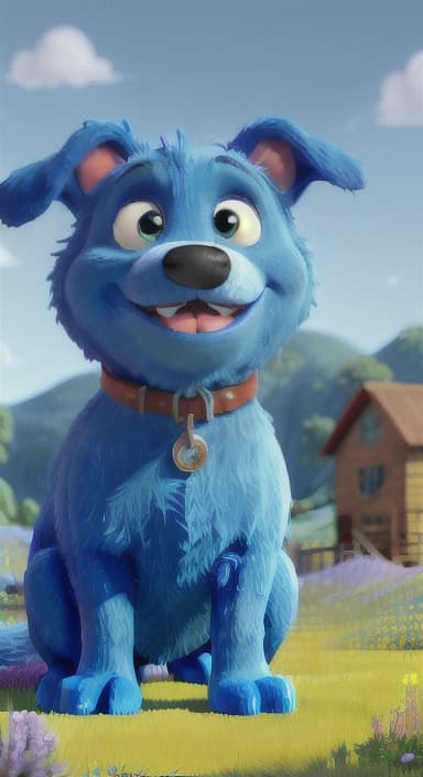  {A happy, big blue dog wagging its tail in a colorful meadow, The big blue dog is large with sky blue fur, big round eyes, a black nose, and floppy ears.