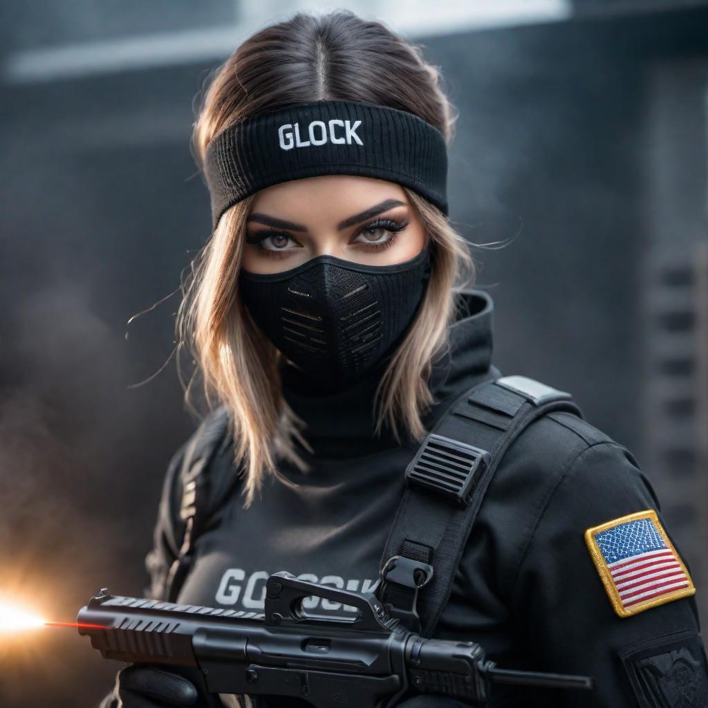  A picture of a girl wearing a black ski mask holding a Glock 19 with a laser beam attached. hyperrealistic, full body, detailed clothing, highly detailed, cinematic lighting, stunningly beautiful, intricate, sharp focus, f/1. 8, 85mm, (centered image composition), (professionally color graded), ((bright soft diffused light)), volumetric fog, trending on instagram, trending on tumblr, HDR 4K, 8K