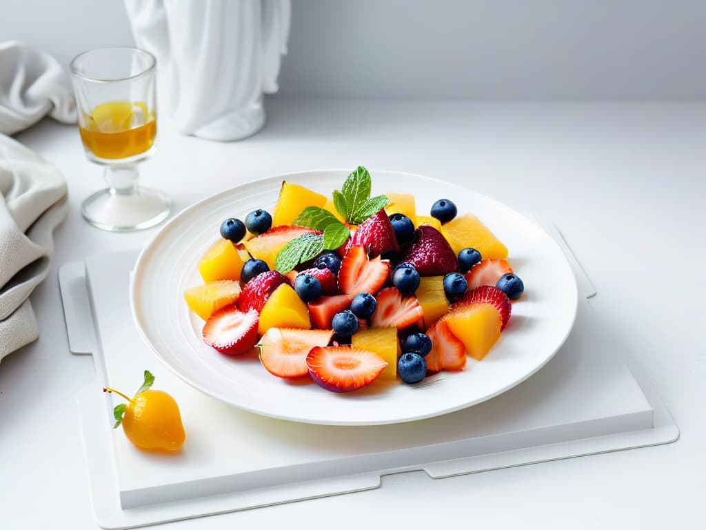  A serene and minimalistic image of a beautifully arranged plate of colorful fruit salad with a drizzle of honey, surrounded by fresh mint leaves, placed on a sleek white marble surface. The vibrant hues of the fruits pop against the clean background, showcasing the natural beauty and freshness of the ingredients. hyperrealistic, full body, detailed clothing, highly detailed, cinematic lighting, stunningly beautiful, intricate, sharp focus, f/1. 8, 85mm, (centered image composition), (professionally color graded), ((bright soft diffused light)), volumetric fog, trending on instagram, trending on tumblr, HDR 4K, 8K