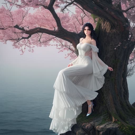  a girl in a sea hanging in a tree hyperrealistic, full body, detailed clothing, highly detailed, cinematic lighting, stunningly beautiful, intricate, sharp focus, f/1. 8, 85mm, (centered image composition), (professionally color graded), ((bright soft diffused light)), volumetric fog, trending on instagram, trending on tumblr, HDR 4K, 8K