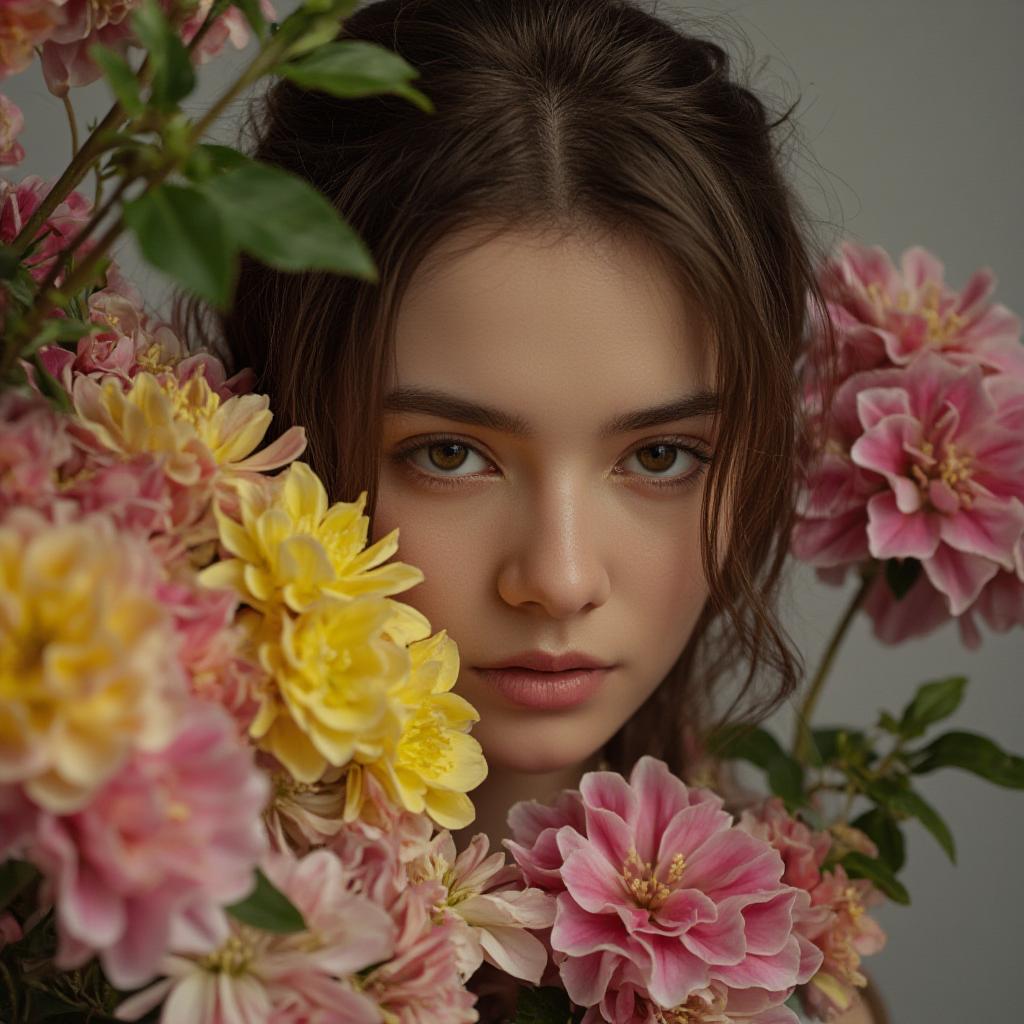  a realistic portrait of a young woman surrounded by a vibrant bouquet of flowers. the light is soft and natural, highlighting the delicate details of her face and the intricate textures of the blossoms. the composition is balanced, with a sense of intimacy and quiet beauty. high quality photorealistic details, soft focus, natural lighting, muted colors. hyperrealistic, full body, detailed clothing, highly detailed, cinematic lighting, stunningly beautiful, intricate, sharp focus, f/1. 8, 85mm, (centered image composition), (professionally color graded), ((bright soft diffused light)), volumetric fog, trending on instagram, trending on tumblr, HDR 4K, 8K