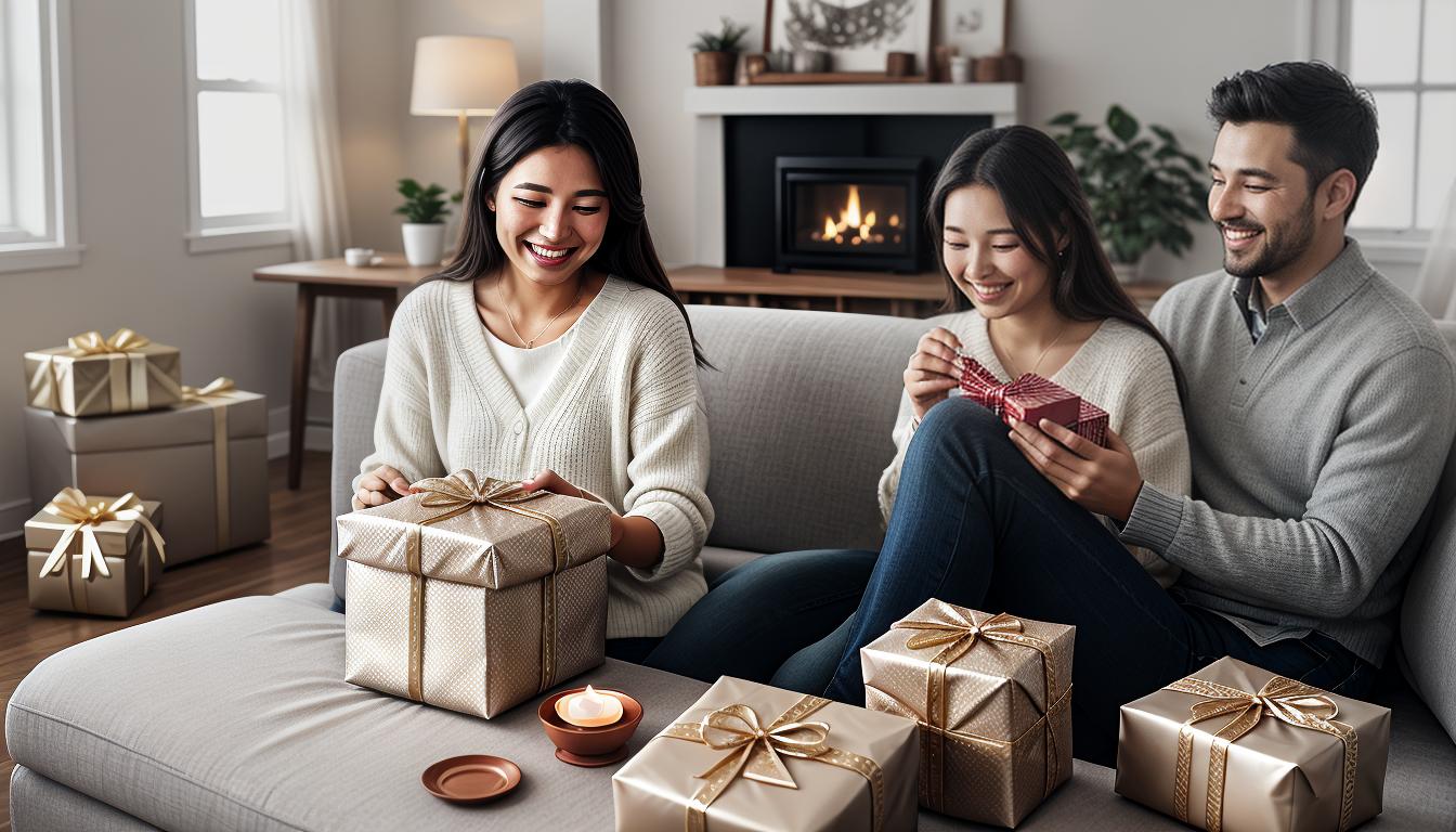  digital illustration, A man presenting a small gift to a woman, gift wrapped with delicate ribbon, woman's appreciative smile, setting in a cozy living room, expression of respect and care, looking at viewer, dynamic pose, (intricate details, masterpiece, best quality)