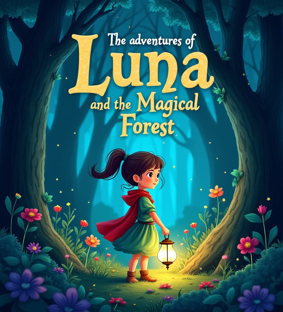  good quality, high quality, a cover for a ren's storybook led "the adventures of luna and the magical forest." the cover should feature a young , luna, holding a lantern and standing in a magical forest with glowing plants and friendly creatures. the forest should be rich with details, and the le text should be whimsical and colorful, fitting perfectly with the theme.