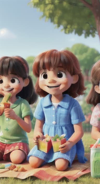  {Kids sitting around a picnic blanket, enjoying juice boxes and snacks., Children happily eating snacks, with crumbs on their faces and big smiles.