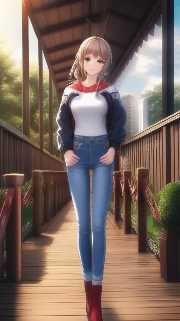  anime girl wearing jeans, ((masterpiece)), best quality, very detailed, high resolution, sharp, sharp image, extremely detailed, 4k, 8k