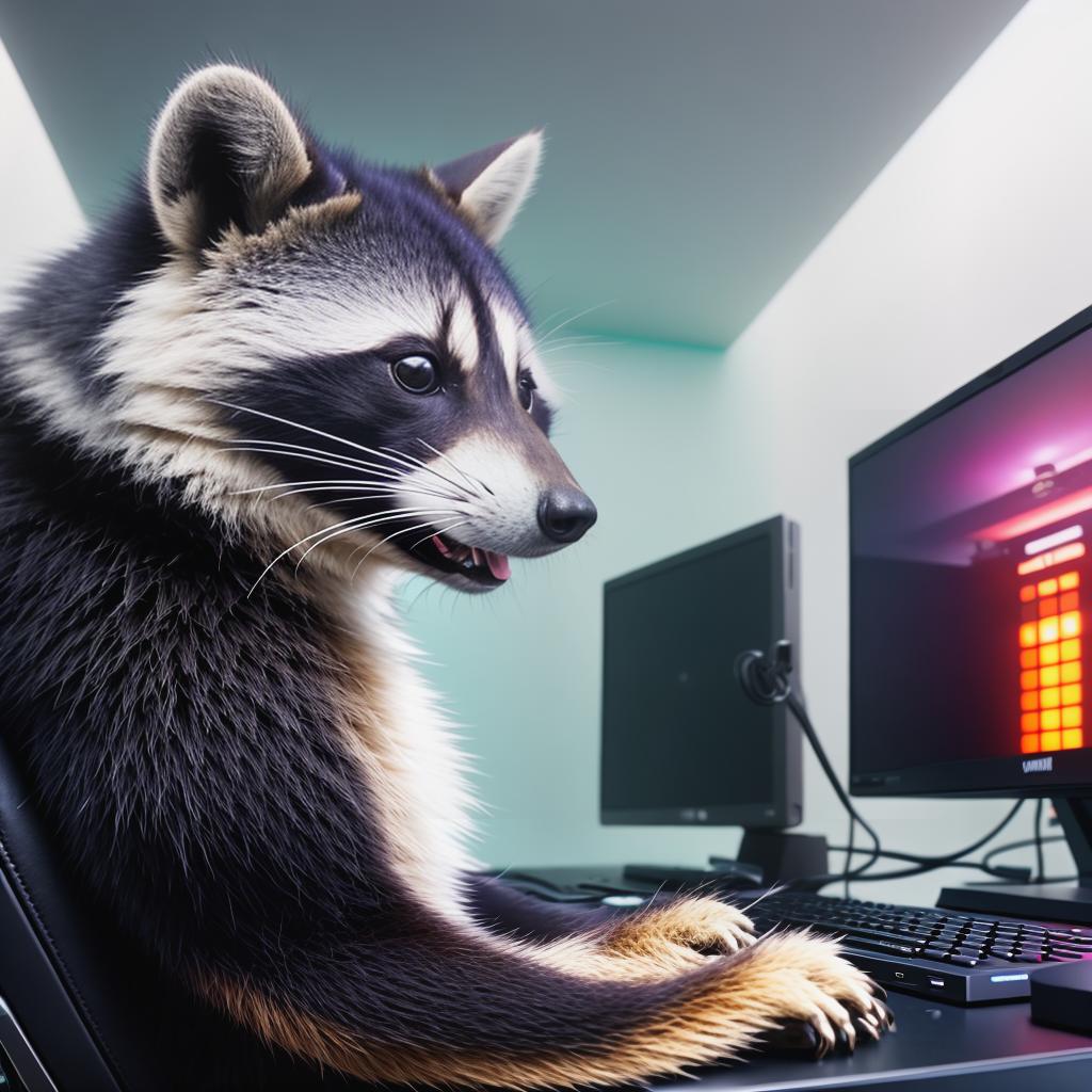  raccoon sitting in gaming chair front a computer on desktop, ((semi anthropomorphic)),(full body), tail, belly, sitting, fat, (chubby), (((white background))), solo, desktop, gaming chair, side view,  [[[clothes]]] hyperrealistic, full body, detailed clothing, highly detailed, cinematic lighting, stunningly beautiful, intricate, sharp focus, f/1. 8, 85mm, (centered image composition), (professionally color graded), ((bright soft diffused light)), volumetric fog, trending on instagram, trending on tumblr, HDR 4K, 8K