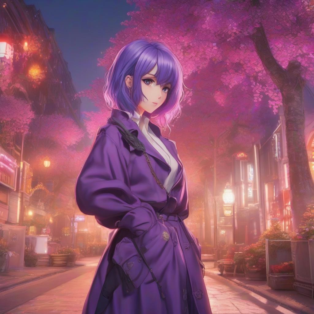  anime artwork A pretty anime girl in violet tones, in an unusual pose. . anime style, key visual, vibrant, studio anime, highly detailed hyperrealistic, full body, detailed clothing, highly detailed, cinematic lighting, stunningly beautiful, intricate, sharp focus, f/1. 8, 85mm, (centered image composition), (professionally color graded), ((bright soft diffused light)), volumetric fog, trending on instagram, trending on tumblr, HDR 4K, 8K