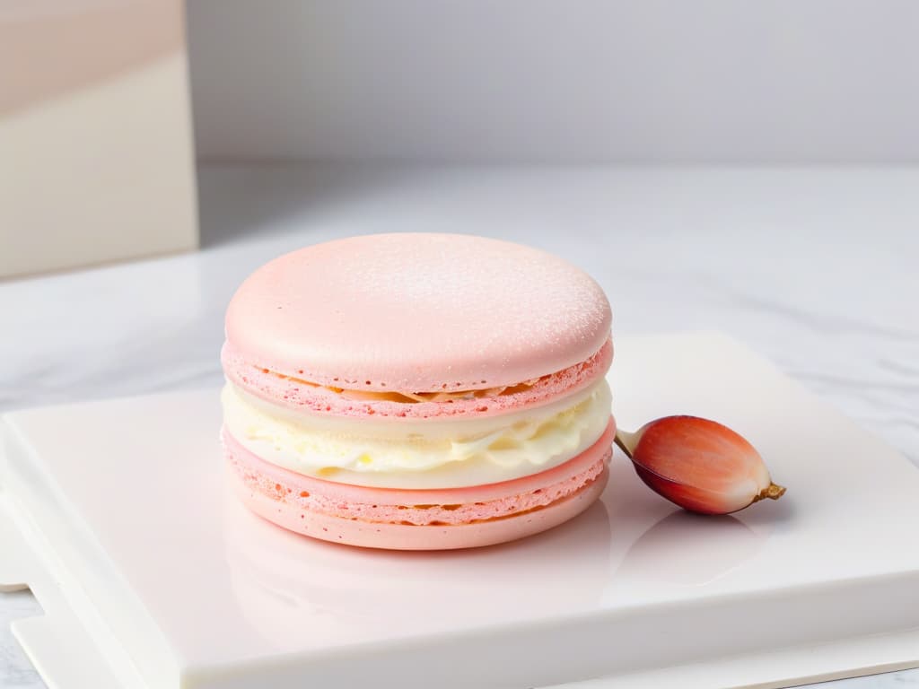  A closeup, ultradetailed image of a perfectly formed, pastel pink macaron resting delicately on a marble countertop. The macaron is impeccably smooth, with a glossy finish, revealing a light and airy texture inside. The natural light from a nearby window softly illuminates the delicate dessert, highlighting its intricate details and elegant simplicity. hyperrealistic, full body, detailed clothing, highly detailed, cinematic lighting, stunningly beautiful, intricate, sharp focus, f/1. 8, 85mm, (centered image composition), (professionally color graded), ((bright soft diffused light)), volumetric fog, trending on instagram, trending on tumblr, HDR 4K, 8K