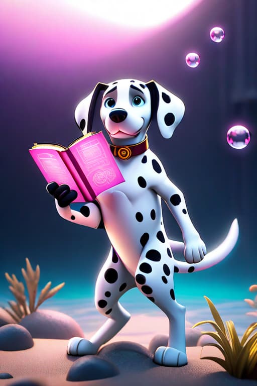  pixar style of a transparent mecha ((pink Dalmatians)), steampunk, cute, ((( luminous))), in the ocean, reading a magic book , bubbles, angry, high detailed, photorealistic, 8k hyperrealistic, full body, detailed clothing, highly detailed, cinematic lighting, stunningly beautiful, intricate, sharp focus, f/1. 8, 85mm, (centered image composition), (professionally color graded), ((bright soft diffused light)), volumetric fog, trending on instagram, trending on tumblr, HDR 4K, 8K