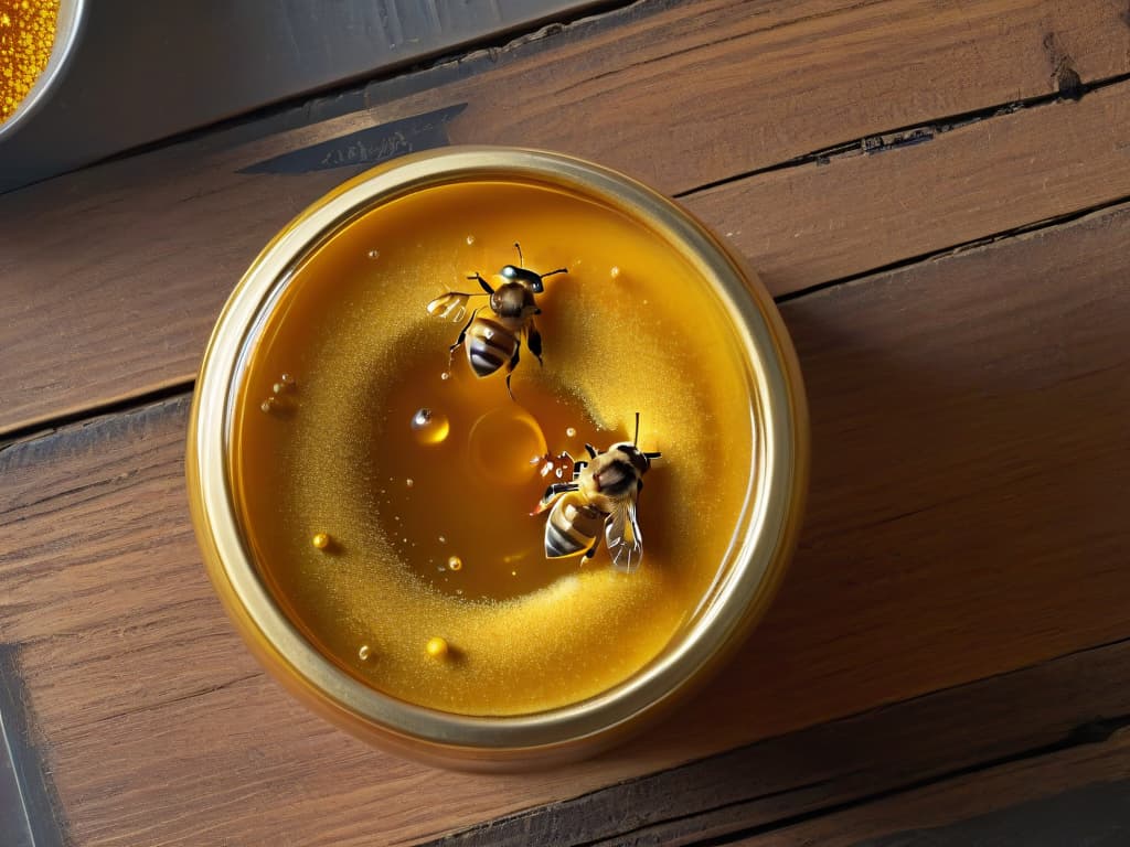  An ultradetailed image of a pristine glass jar filled with golden, viscous honey from an aerial perspective. The honey glistens under a soft, natural light, showcasing its rich texture and color. The jar is elegantly placed on a rustic wooden surface, with a few scattered bee pollen granules surrounding it. The details of the honey's swirls and the tiny air bubbles trapped within it are incredibly sharp and lifelike, inviting the viewer to appreciate the beauty and purity of this natural sweetener. hyperrealistic, full body, detailed clothing, highly detailed, cinematic lighting, stunningly beautiful, intricate, sharp focus, f/1. 8, 85mm, (centered image composition), (professionally color graded), ((bright soft diffused light)), volumetric fog, trending on instagram, trending on tumblr, HDR 4K, 8K