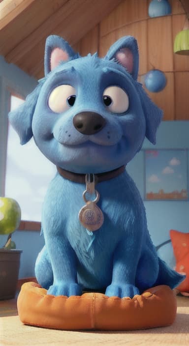  {Max snuggled up in his comfy dog bed inside the house, fast asleep, The big blue dog is large with sky blue fur, big round eyes, a black nose, and floppy ears.