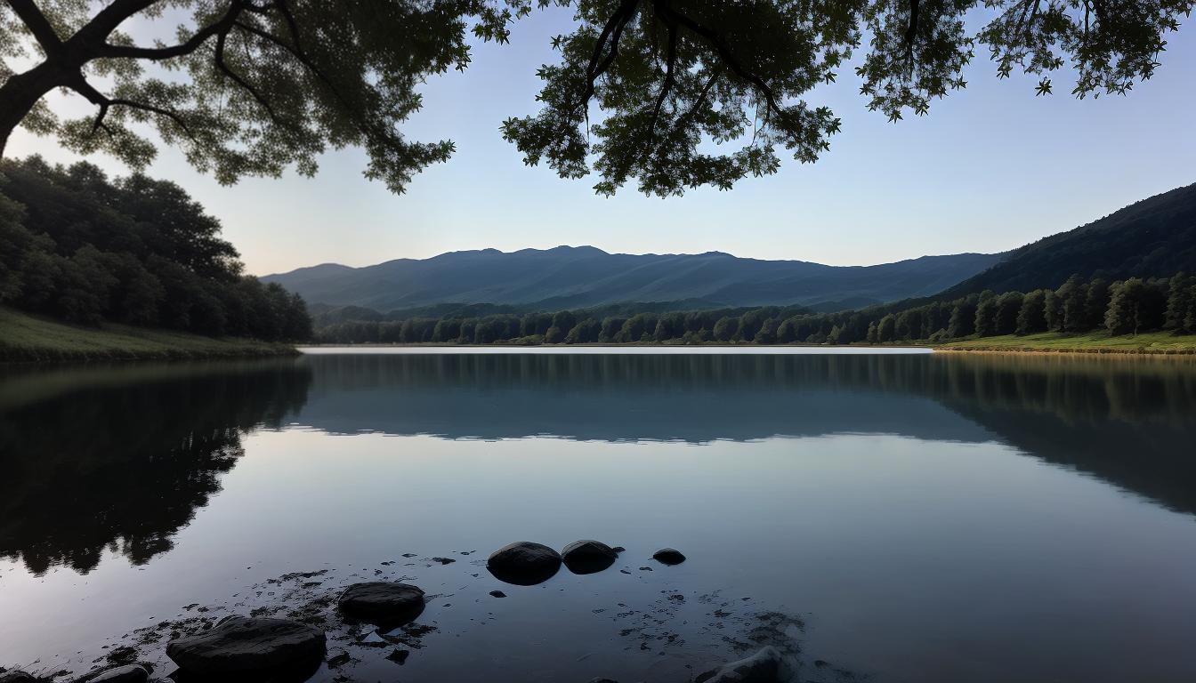  digital illustration, A lone figure gazing at a reflection in a tranquil lake, surrounded by nature, clear sky, serene, self acceptance, individuality, peaceful landscape, looking at viewer, dynamic pose, (intricate details, masterpiece, best quality)