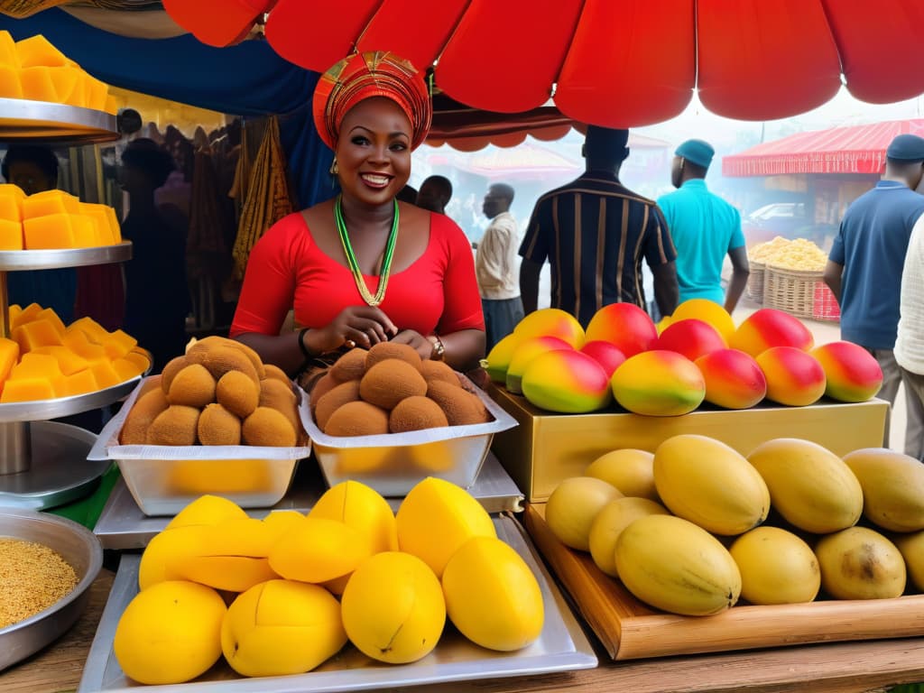  A photorealistic image of a vibrant Nigerian market stall filled with an array of traditional Nigerian desserts, showcasing colorful bowls of moin moin, puff puff, and chin chin, surrounded by fresh fruits like mangoes and bananas. The stall is decorated with traditional Nigerian fabrics and the warm sunlight creates a beautiful play of light and shadow on the desserts, enhancing their textures and inviting the viewer to indulge in the rich sweet culture of Nigeria. hyperrealistic, full body, detailed clothing, highly detailed, cinematic lighting, stunningly beautiful, intricate, sharp focus, f/1. 8, 85mm, (centered image composition), (professionally color graded), ((bright soft diffused light)), volumetric fog, trending on instagram, trending on tumblr, HDR 4K, 8K