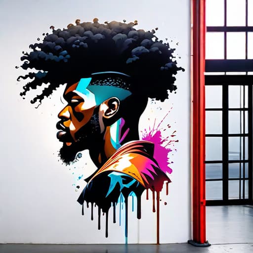  graffiti style Impactful composition, dripping neon heat splash paint across the shape of a Side view of black man face with afro hair, realistic , high detail, white background. body shoot . street art, vibrant, urban, detailed, tag, mural hyperrealistic, full body, detailed clothing, highly detailed, cinematic lighting, stunningly beautiful, intricate, sharp focus, f/1. 8, 85mm, (centered image composition), (professionally color graded), ((bright soft diffused light)), volumetric fog, trending on instagram, trending on tumblr, HDR 4K, 8K