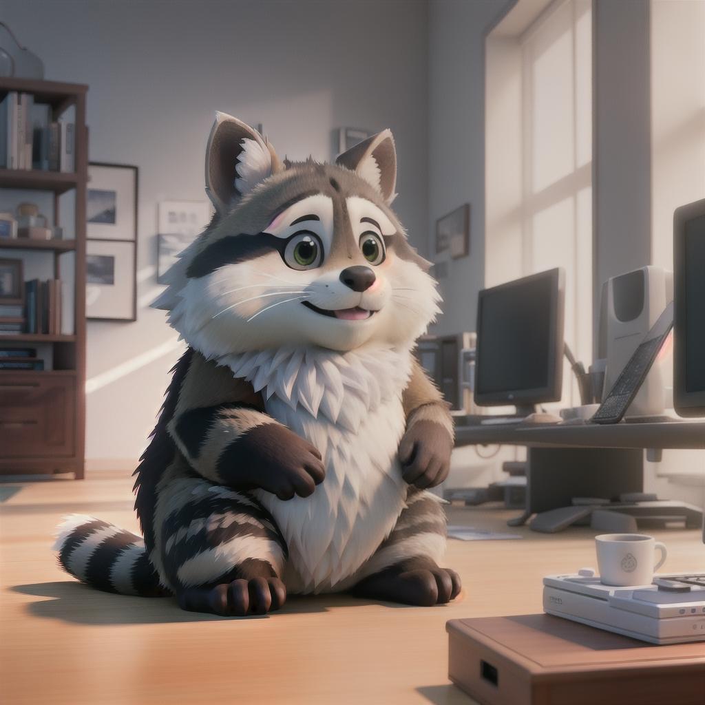  raccoon sitting in gaming chair front a computer on desktop, ((semi anthropomorphic)),(full body), tail, belly, sitting, fat, (chubby), (((white background))), solo, desktop, gaming chair, side view,  [[[clothes]]] hyperrealistic, full body, detailed clothing, highly detailed, cinematic lighting, stunningly beautiful, intricate, sharp focus, f/1. 8, 85mm, (centered image composition), (professionally color graded), ((bright soft diffused light)), volumetric fog, trending on instagram, trending on tumblr, HDR 4K, 8K