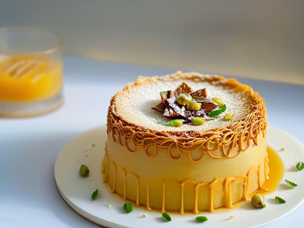  An ultradetailed closeup image of a goldenbrown, perfectly crispy layer of Kunafa pastry, revealing delicate strands of shredded phyllo dough intertwined with crushed pistachios and a hint of orange blossom syrup glistening under a soft ambient light. The intricate layers are highlighted against a sleek, minimalist backdrop, showcasing the expert craftsmanship and attention to detail required in preparing this Middle Eastern dessert. hyperrealistic, full body, detailed clothing, highly detailed, cinematic lighting, stunningly beautiful, intricate, sharp focus, f/1. 8, 85mm, (centered image composition), (professionally color graded), ((bright soft diffused light)), volumetric fog, trending on instagram, trending on tumblr, HDR 4K, 8K