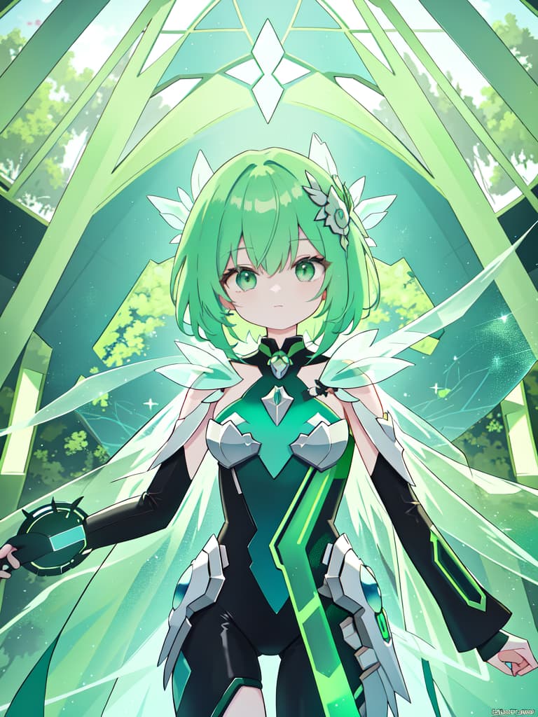  Green hair character of the glass hall in the cyber world, masterpiece, best quality,8k,ultra detailed,high resolution,an extremely delicate and beautiful,hyper detail