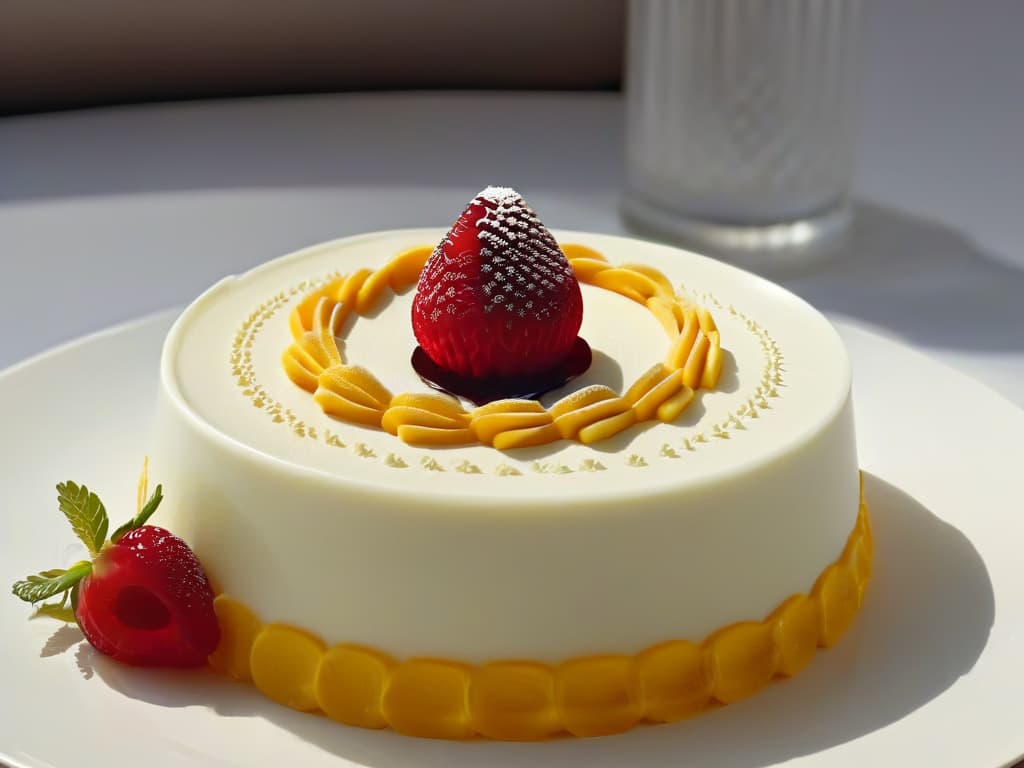  A closeup, ultradetailed image of a delicate, intricately designed dessert made using 3D printing technology. The dessert is a miniature work of art, showcasing intricate patterns and details that highlight the precision and creativity of 3D printing in the culinary world. The dessert is set on a simple, elegant plate, emphasizing the beauty and sophistication of sustainable 3Dprinted desserts. hyperrealistic, full body, detailed clothing, highly detailed, cinematic lighting, stunningly beautiful, intricate, sharp focus, f/1. 8, 85mm, (centered image composition), (professionally color graded), ((bright soft diffused light)), volumetric fog, trending on instagram, trending on tumblr, HDR 4K, 8K