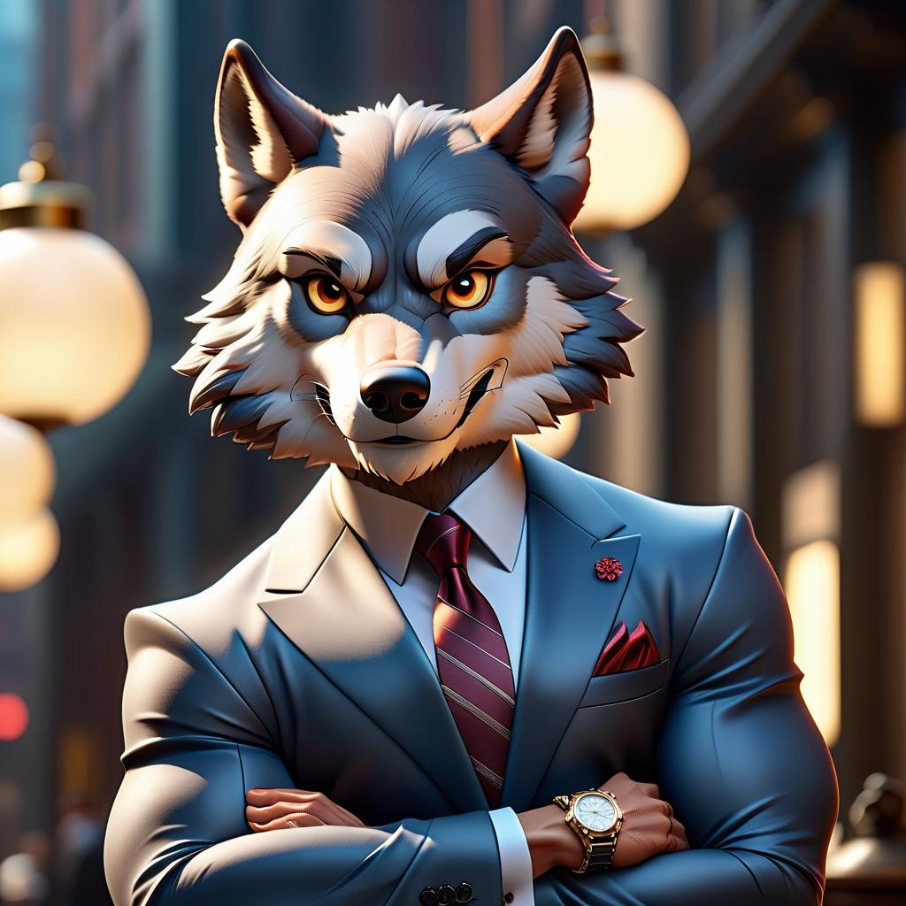  Luxury product style Wolf. full grown, not tall, humanoid bodybuilding, bold smirk, bold smile, lowered eyebrows. jacket, expensive office suit. wealthy, conman, expensive watches on wrist, hands folded in a knot, smirk, predatory look. background, gradient lighting. 3d style. . Elegant, sophisticated, high end, luxurious, professional, highly detailed hyperrealistic, full body, detailed clothing, highly detailed, cinematic lighting, stunningly beautiful, intricate, sharp focus, f/1. 8, 85mm, (centered image composition), (professionally color graded), ((bright soft diffused light)), volumetric fog, trending on instagram, trending on tumblr, HDR 4K, 8K