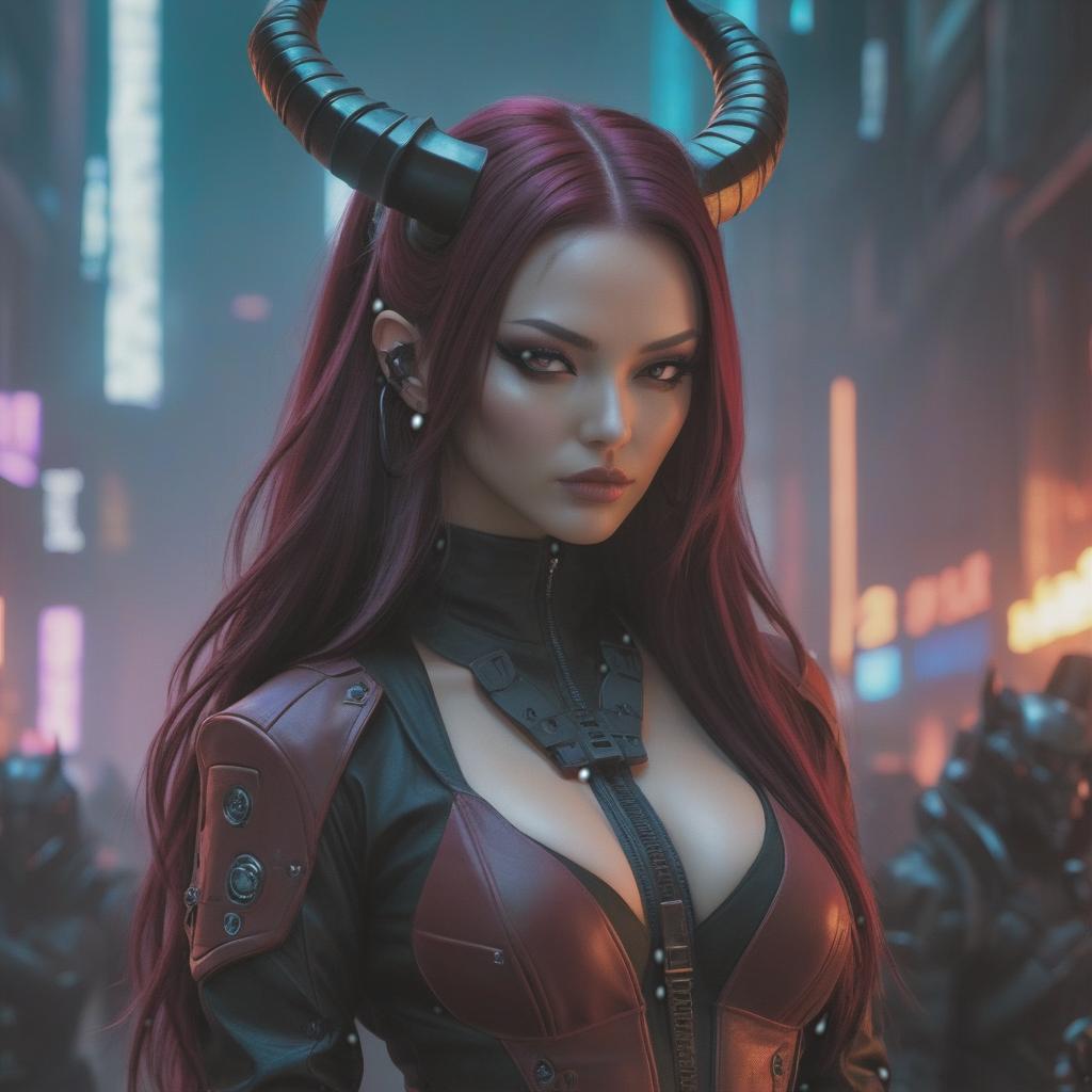  cyberpunk game style A girl demon with black horns, a calm face, long burgundy hair, interesting makeup, and dark clothing in front of a background of hell. . neon, dystopian, futuristic, digital, vibrant, detailed, high contrast, reminiscent of cyberpunk genre video games hyperrealistic, full body, detailed clothing, highly detailed, cinematic lighting, stunningly beautiful, intricate, sharp focus, f/1. 8, 85mm, (centered image composition), (professionally color graded), ((bright soft diffused light)), volumetric fog, trending on instagram, trending on tumblr, HDR 4K, 8K