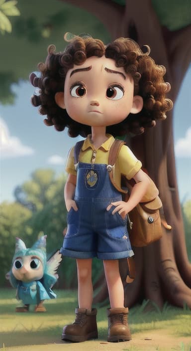  {Riley standing under the tree with eyes closed, making the wish., Riley, a curious with big brown eyes and curly hair, wearing overalls and carrying a small backpack. Their friend, Skye, a bluebird with shiny feathers.