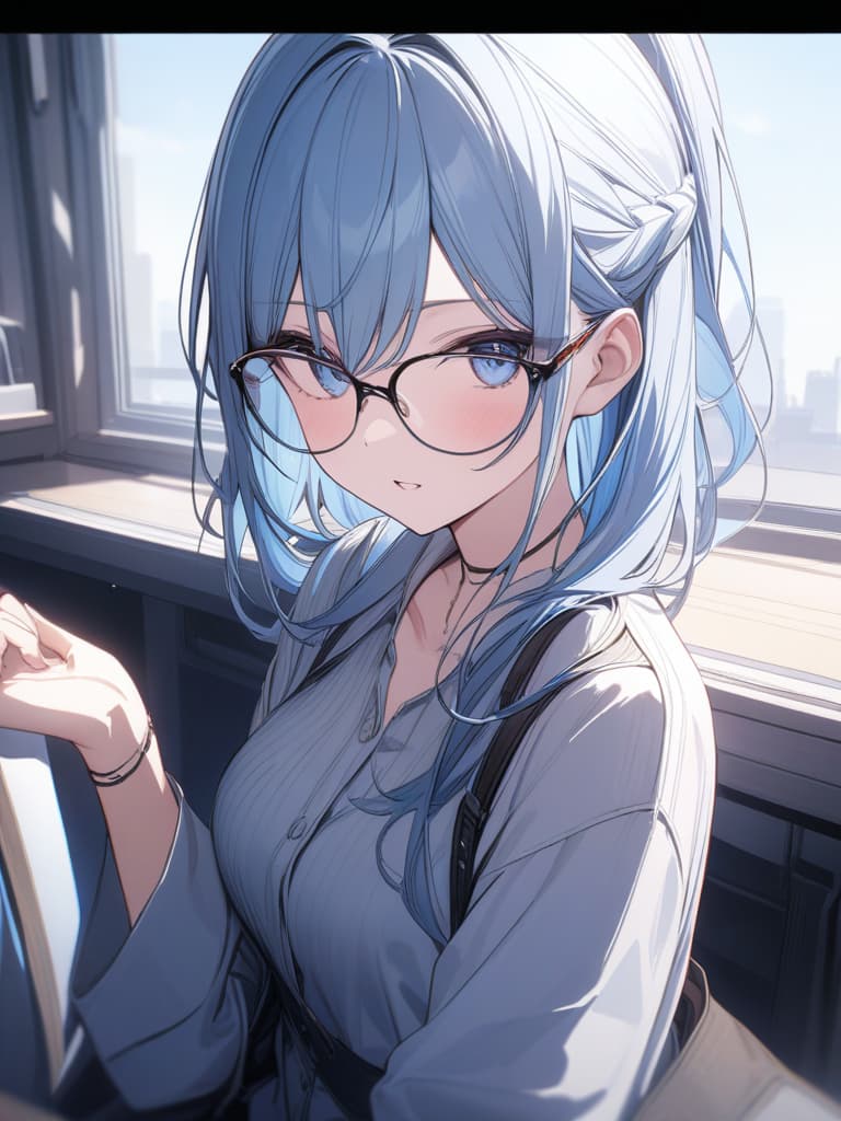  Light blue hair, glasses, masterpiece, best quality,8k,ultra detailed,high resolution,an extremely delicate and beautiful,hyper detail