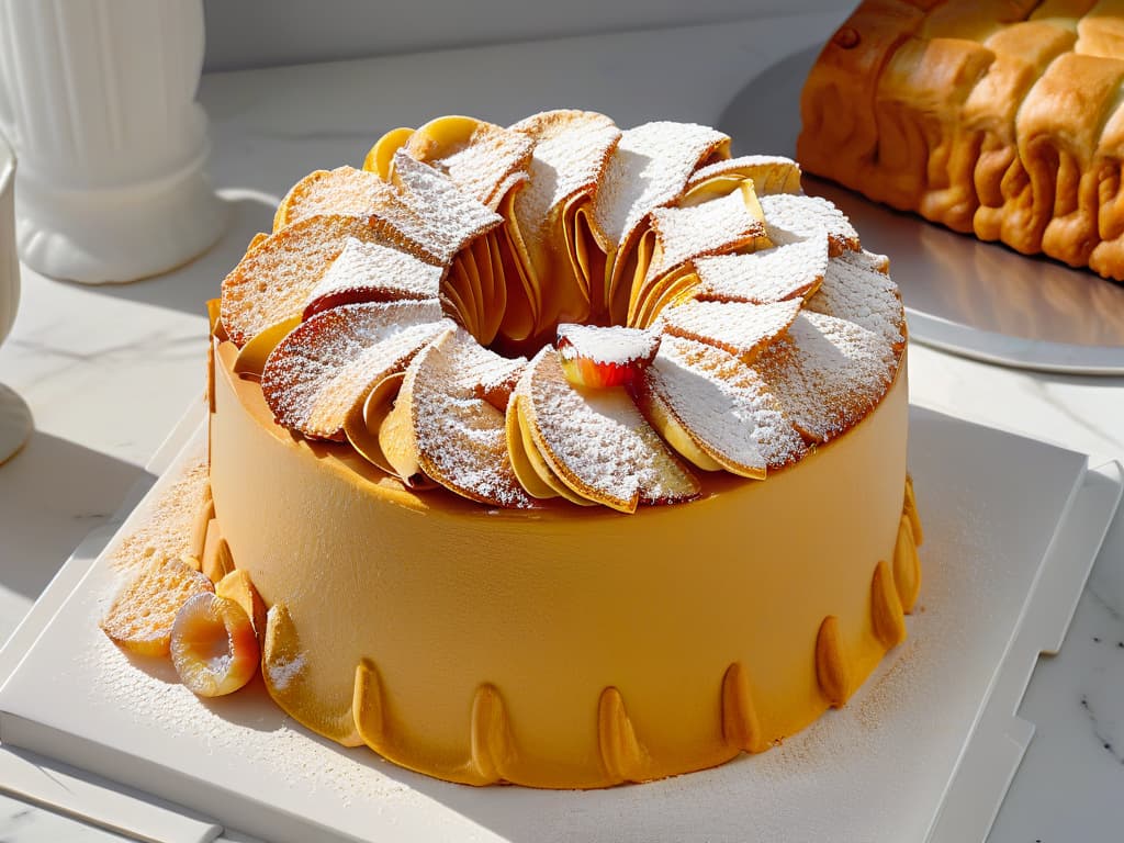  A closeup, ultradetailed image of a perfectly baked Angel Food Cake with a goldenbrown crust, sitting on a pristine white marble countertop. The cake is adorned with a delicate dusting of powdered sugar, and the light catches the intricate air pockets that give it its signature fluffy texture. The minimalistic composition focuses solely on the cake, showcasing its lightness and airy quality, inviting the viewer to imagine the delectable taste and texture of this classic dessert. hyperrealistic, full body, detailed clothing, highly detailed, cinematic lighting, stunningly beautiful, intricate, sharp focus, f/1. 8, 85mm, (centered image composition), (professionally color graded), ((bright soft diffused light)), volumetric fog, trending on instagram, trending on tumblr, HDR 4K, 8K