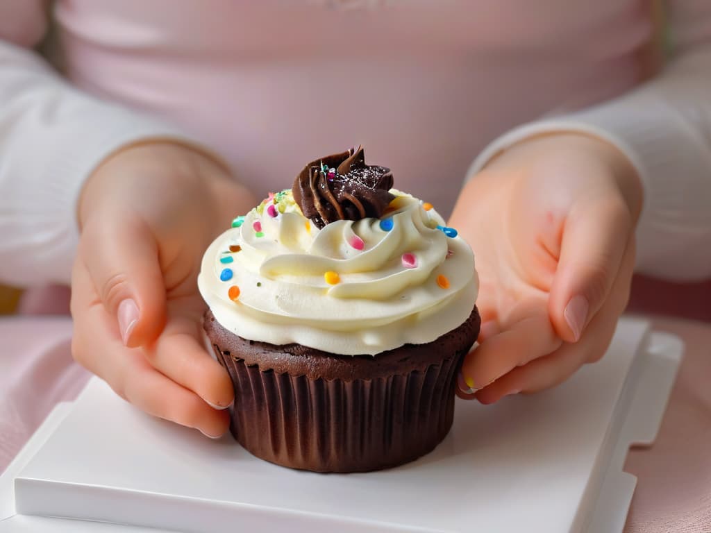  A photorealistic image of a small child's hands delicately holding a mini chocolate cupcake with colorful sprinkles on top. The child's fingers are chubby and adorable, showcasing the mini dessert in a safe and secure manner. The cupcake is placed on a pristine white plate, emphasizing the small size and cuteness of the treat. The lighting is soft and warm, highlighting the textures of the cupcake and the child's smooth skin. This image evokes a sense of joy and innocence, perfect for the article's target audience. hyperrealistic, full body, detailed clothing, highly detailed, cinematic lighting, stunningly beautiful, intricate, sharp focus, f/1. 8, 85mm, (centered image composition), (professionally color graded), ((bright soft diffused light)), volumetric fog, trending on instagram, trending on tumblr, HDR 4K, 8K