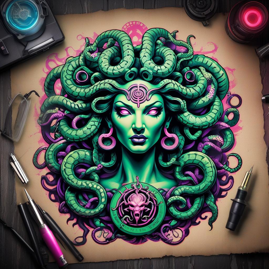  grunge style Medusa Gorgon tattoo concept neon . textured, distressed, vintage, edgy, punk rock vibe, dirty, noisy hyperrealistic, full body, detailed clothing, highly detailed, cinematic lighting, stunningly beautiful, intricate, sharp focus, f/1. 8, 85mm, (centered image composition), (professionally color graded), ((bright soft diffused light)), volumetric fog, trending on instagram, trending on tumblr, HDR 4K, 8K