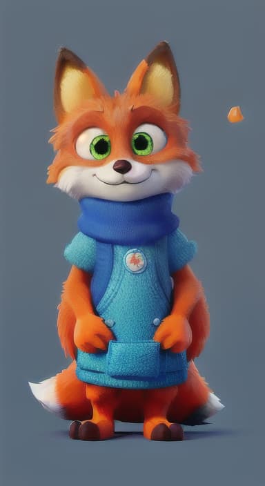  {Error the fox pressing the blue button with his paw, looking puzzled as nothing occurs., Error is a small, bright orange fox with a fluffy tail and big, inquisitive eyes. He has a mischievous yet kind expression and wears a tiny green scarf.