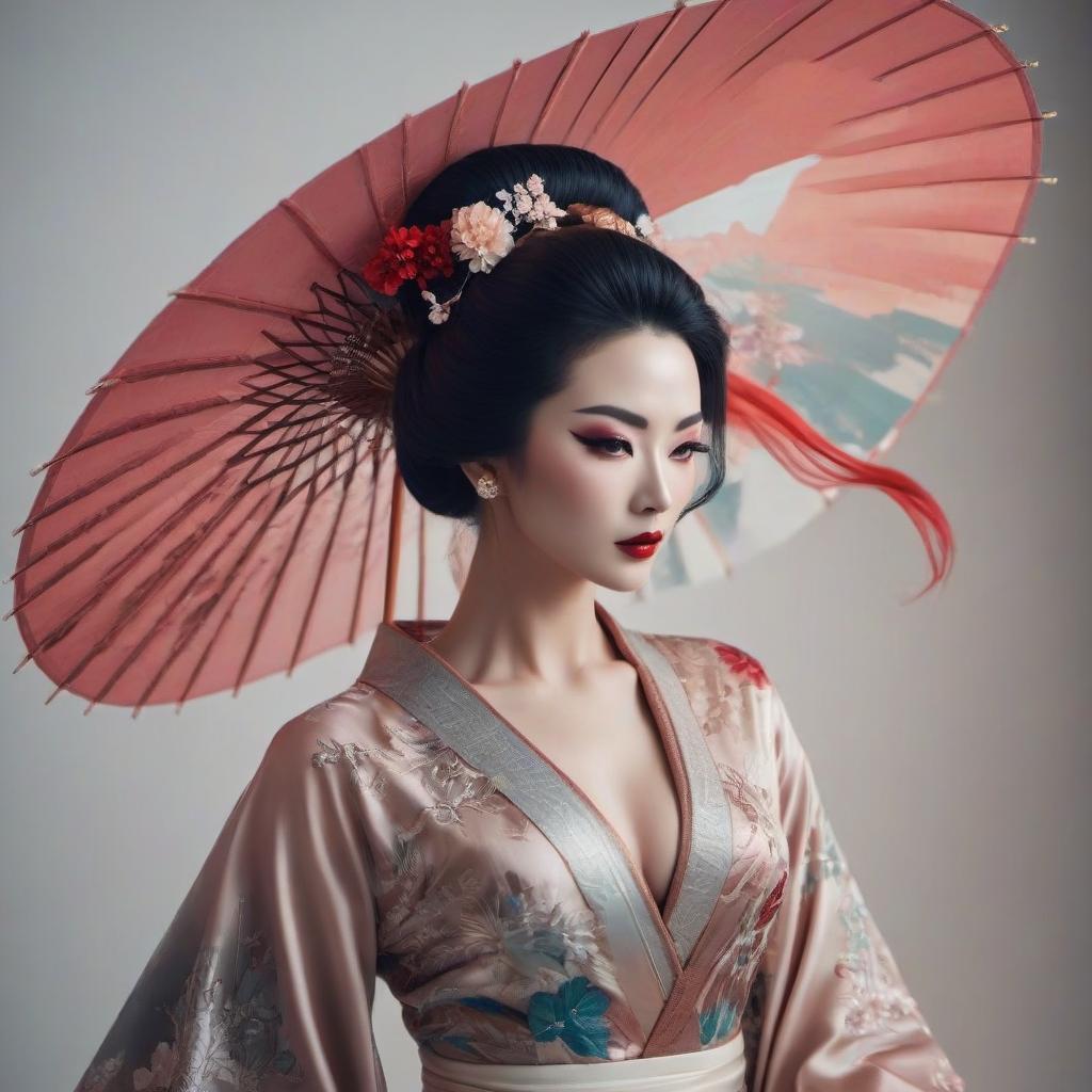  futuristic style "Portrait of a Geisha, abstract surreal art nouveau, decoupage, mixed media, Gustav Klimt." . sleek, modern, ultramodern, high tech, detailed hyperrealistic, full body, detailed clothing, highly detailed, cinematic lighting, stunningly beautiful, intricate, sharp focus, f/1. 8, 85mm, (centered image composition), (professionally color graded), ((bright soft diffused light)), volumetric fog, trending on instagram, trending on tumblr, HDR 4K, 8K