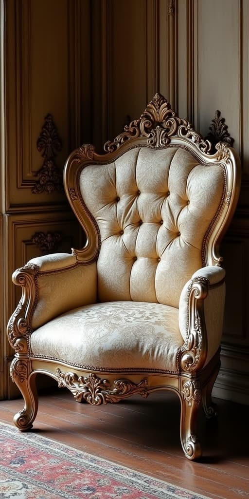  good quality, high quality, an intricately designed antique chair featuring ornate carvings and luxurious upholstery, perfect for elegant interiors.