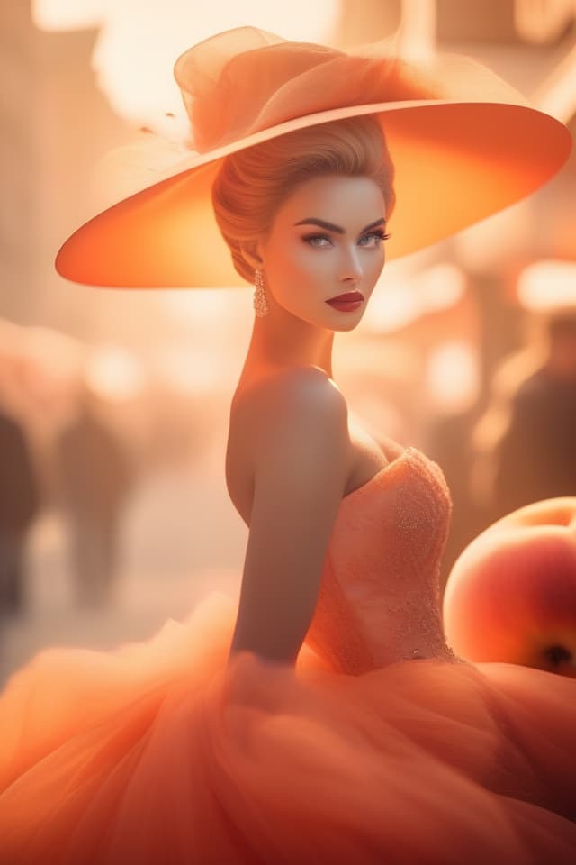  peach hyperrealistic, full body, detailed clothing, highly detailed, cinematic lighting, stunningly beautiful, intricate, sharp focus, f/1. 8, 85mm, (centered image composition), (professionally color graded), ((bright soft diffused light)), volumetric fog, trending on instagram, trending on tumblr, HDR 4K, 8K