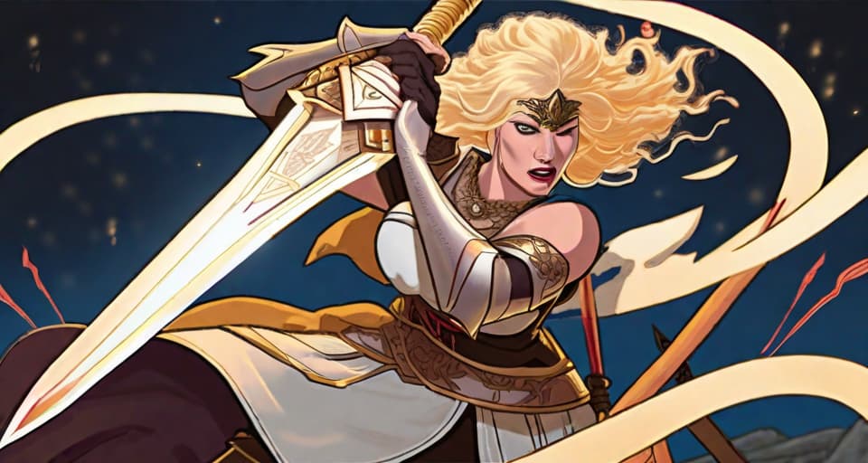  An image of Brave Warrior Queen with blonde hairrunning a spear through brown haired creep