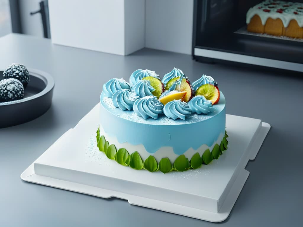  An image of a sleek, modern kitchen with a holographic display overlaying intricate virtual dessert designs onto a blank canvas, showcasing the integration of augmented reality in pastry creation. hyperrealistic, full body, detailed clothing, highly detailed, cinematic lighting, stunningly beautiful, intricate, sharp focus, f/1. 8, 85mm, (centered image composition), (professionally color graded), ((bright soft diffused light)), volumetric fog, trending on instagram, trending on tumblr, HDR 4K, 8K