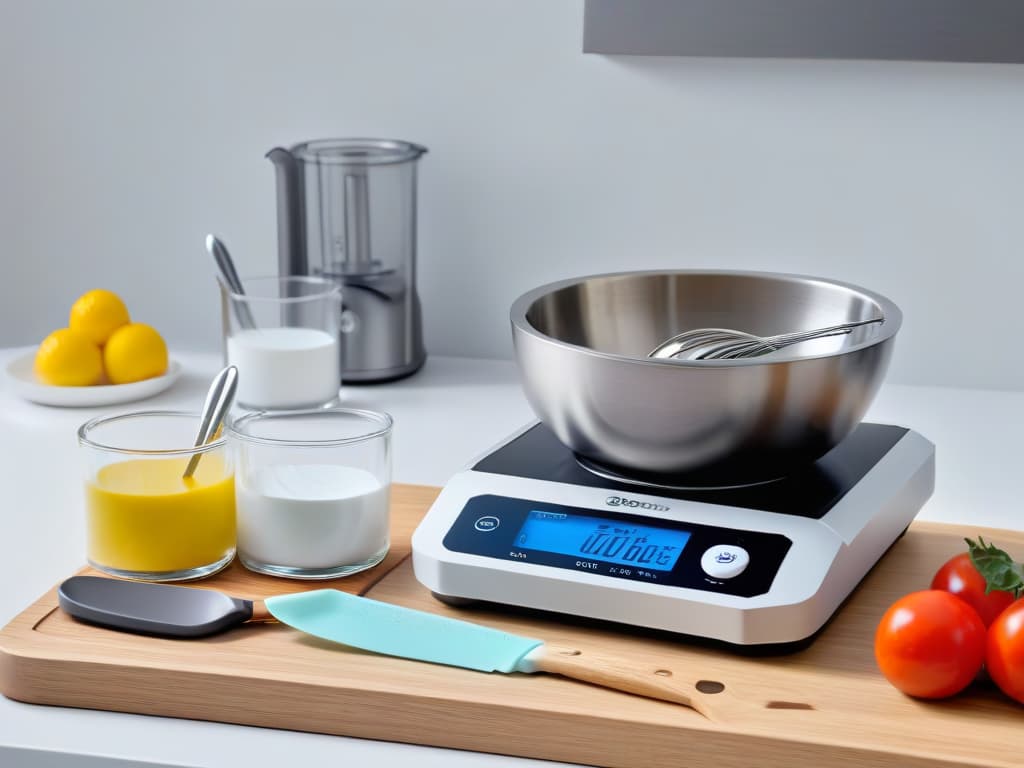  An ultradetailed image of a sleek, modern kitchen countertop with neatly arranged essential baking equipment for diabeticfriendly baking. The countertop features a digital food scale, measuring spoons, a nonstick silicone baking mat, a wire whisk, a set of colorful measuring cups, a stainless steel mixing bowl, and a wooden spatula, all designed in a minimalistic style with a clean aesthetic. The image showcases a perfect balance of functionality and elegance, embodying the essence of diabetic baking essentials in a visually appealing manner. hyperrealistic, full body, detailed clothing, highly detailed, cinematic lighting, stunningly beautiful, intricate, sharp focus, f/1. 8, 85mm, (centered image composition), (professionally color graded), ((bright soft diffused light)), volumetric fog, trending on instagram, trending on tumblr, HDR 4K, 8K