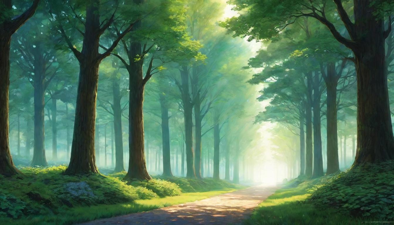  digital illustration A pathway flanked by towering trees, each emanating a soft glow, converging towards a radiant, welcoming light at the end, invitation, journey, crossing thresholds, ethereal beauty, moment of decision looking at viewer, dynamic pose, (intricate details, masterpiece, best quality)