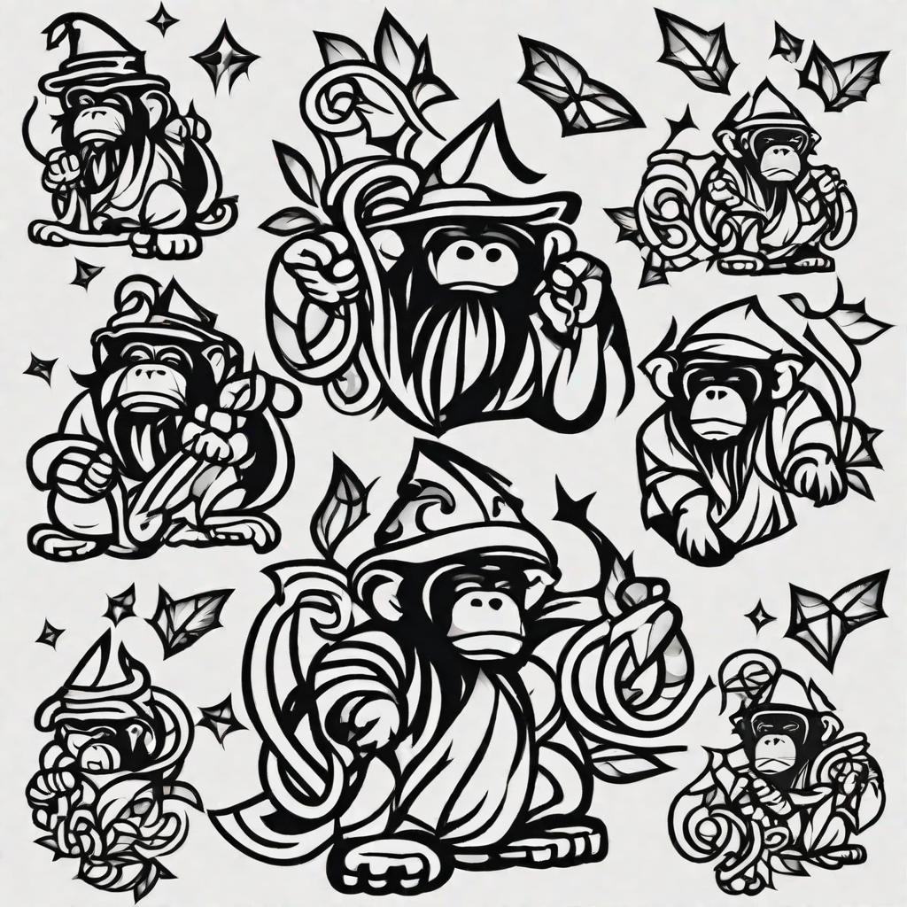  masterpiece, best quality, three wise monkeys with dad monkey holding them up with vine, black and grey tattoo, modern